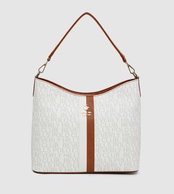 Beverly Hills Polo Club Logo Patterned Zippered Shoulder Bag White BH-4021 | Premium Women's Handbag | Bait Elmair
